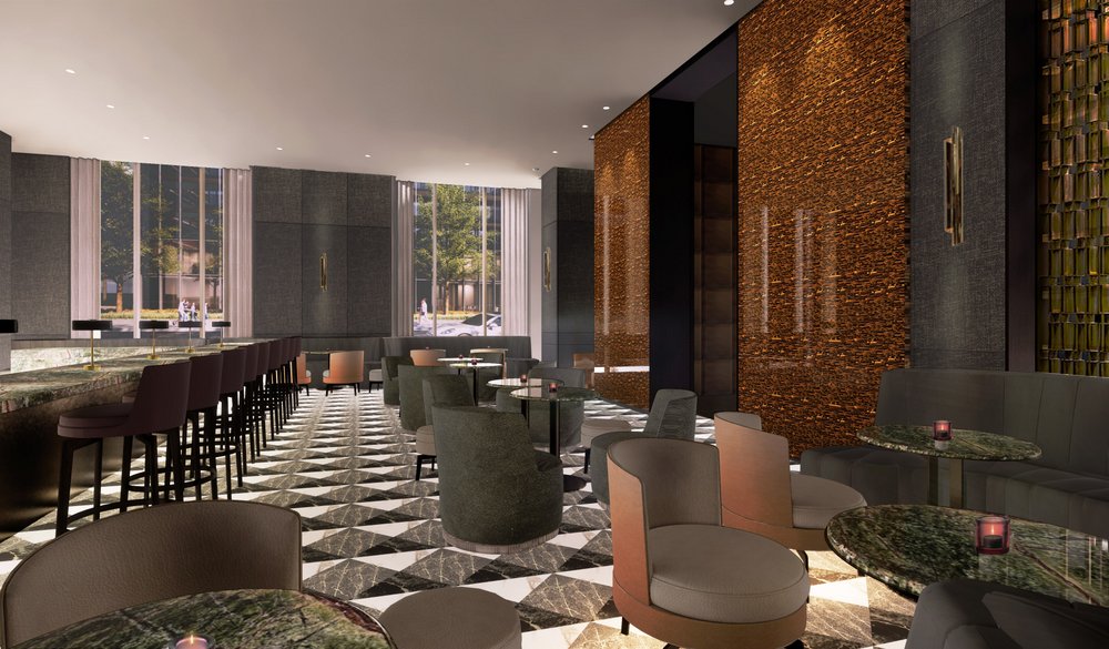 Rendering, Lounge, ONE Restaurant, The Hazelton Hotel. 2020 renovation.