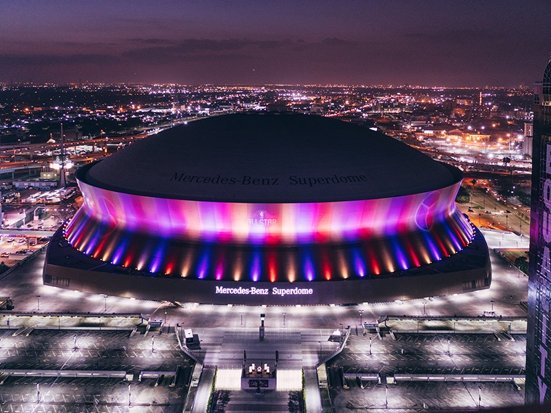 Image of Mercedes-Benz Superdome and New Orleans' skyline. Photo by Paul Broussard. Used courtesy of the New Orleans Convention and Visitors Bureau.