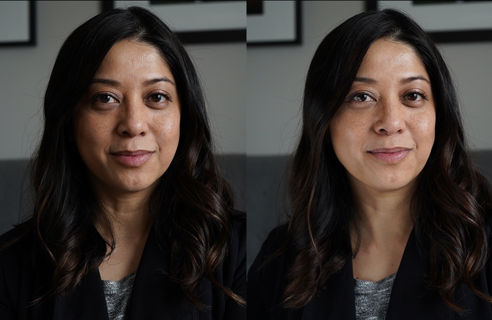 Image of Donna without reflector (left) and with reflector. Photo courtesy of Donna Santos Photography.