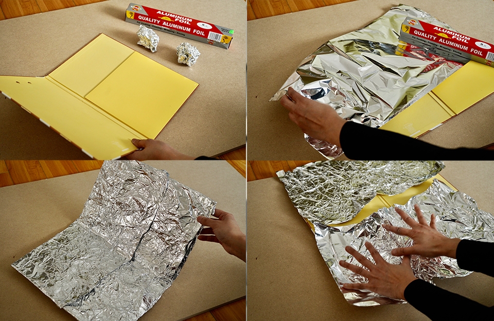 Four images showing how to make a light reflector using a binder and aluminum foil. Photo courtesy of Donna Santos.