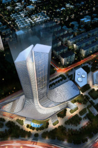Dual-branded Marriott property in Yinchuan, China is in a building inspired by the design of grand sailing ships. Image of aerial view of propertycourtesy of Marriott International.