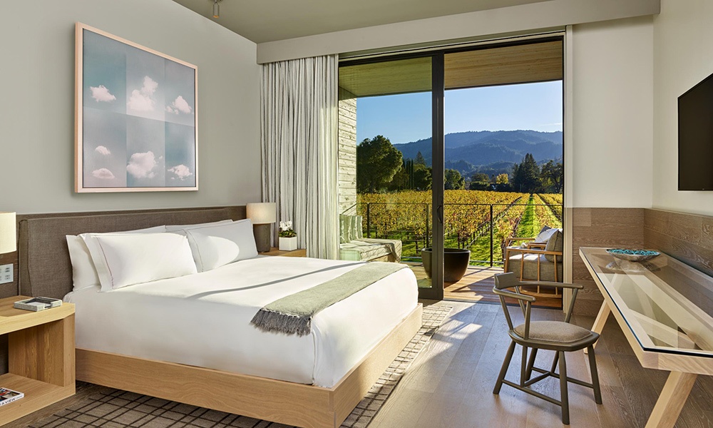 A Napa Valley retreat converting to Hyatt's Alila brand in March 2021 has 68 guestrooms, including seven suites. Image of guestroom courtesy of Hyatt.