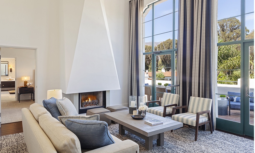 Ojai Valley Inn has debuted its renovated Spa Penthouse Suites. The photo here shows the revamped living room of the Moonrise Suite. Photo courtesy of Ojai Valley Inn.