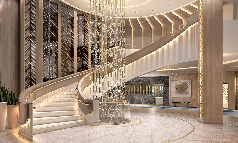 Oceania Cruises has unveiled the social, recreation and wellness spaces aboard its new ship, Vista. The image here show's an artist's rendering of the Vista's Grand Staircase. Image courtesy of Oceania Cruises.
